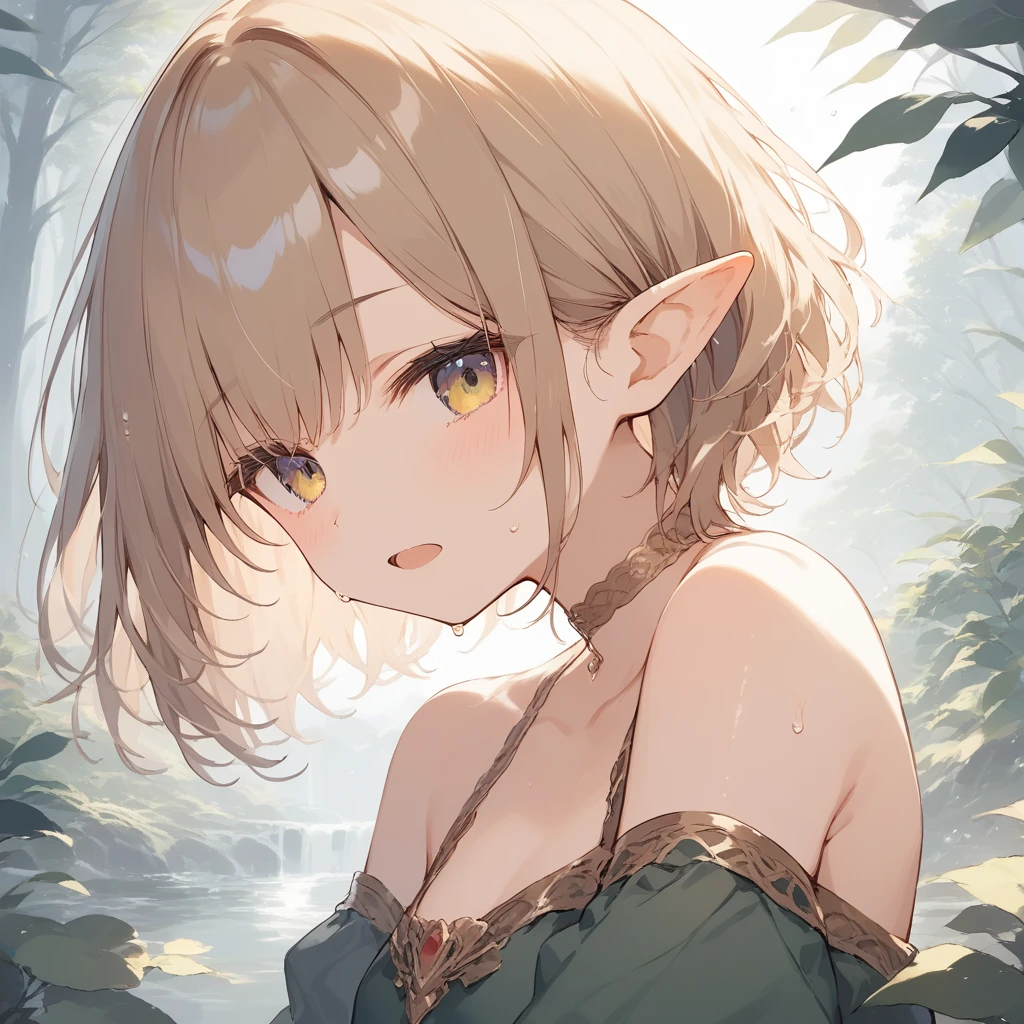 score_9, score_8_up, score_7_up, source_anime, best quality, masterpiece, official art, absurdres, highres, ultra-detailed,waifu2x,Collection: Slice of Life,break,1girl, elf, short hair, slender, androgynous,expressionless, small breasts, beautiful detailed eyes, green shorts, sweat, open mouth, sleepily, outdoors, forest, spring,break,(clear line illustration:1.2), super detailed skin,very high resolution, very aesthetic, Best sexual lighting powered by famous artist, 8k,cute picture,beauty illustration,photoshop_(medium),,(Detailed Lighting),best anime 8k konachan wallpaper, pixiv contest winner,