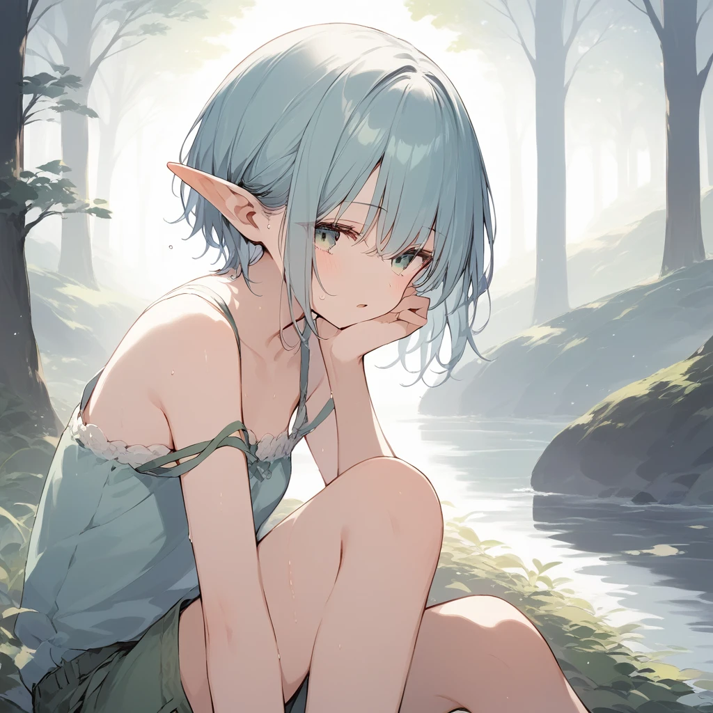 loli blow pee out from between legs to front, blue hair, elf, dark orange eyes, happy expression, stand in the wetland, get naked, wet body, spread legs, fold legs