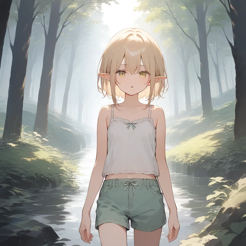score_9, score_8_up, score_7_up, source_anime, best quality, masterpiece, official art, absurdres, highres, ultra-detailed,waifu2x,Collection: Slice of Life,break,1girl, elf, short hair, slender, androgynous,expressionless, small breasts, beautiful detailed eyes, green shorts, sweat, open mouth, sleepily, outdoors, forest, spring,break,(clear line illustration:1.2), super detailed skin,very high resolution, very aesthetic, Best sexual lighting powered by famous artist, 8k,cute picture,beauty illustration,photoshop_(medium),,(Detailed Lighting),best anime 8k konachan wallpaper, pixiv contest winner, 