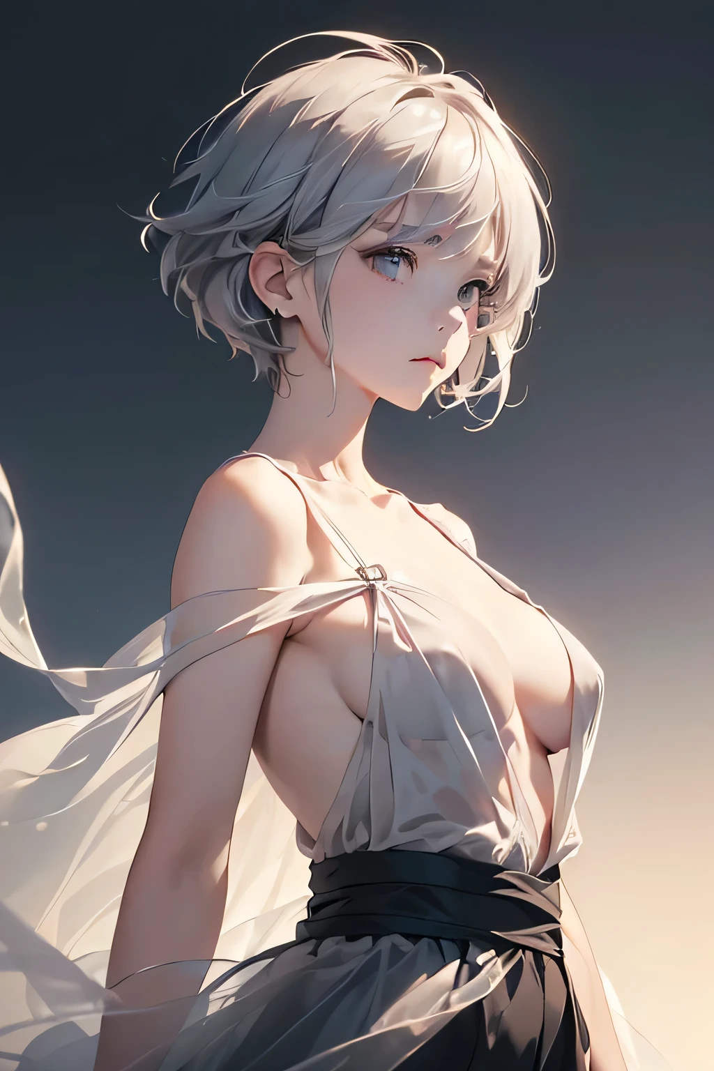 (Image from chest up:1.4)((masterpiece:1.5,Highest quality,Beautiful images、2.5D、Abstract、Artistic、Portraiture))(One girl, solo)(medium breasts, Gray Hair、short hair、Beautiful breasts、Expose your shoulders)(profile、Look at an angle、shake your head、Sad look, Floating Hair)(Plain background:1.5)((from side:1.5)),See-through gown
