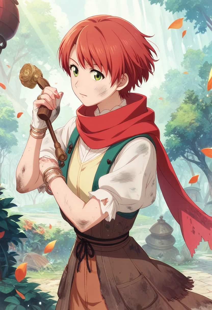 Masterpiece, best quality,Rin Hoshizora, red scarf , dirty, red hair, green eyes, style in ghibli anime,official art