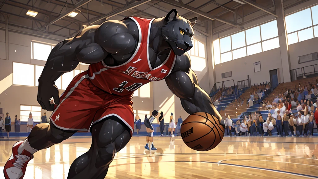 Furry,black fur panther,yellow eyes(Realistic eye detail),Have muscles(Perfect muscle details),perfect anatomy,Handsome and seductive face,Wear basketball uniform,playing basketball on the court,Sweat stains all over the body,HDR,8K, school, gymnasium, student