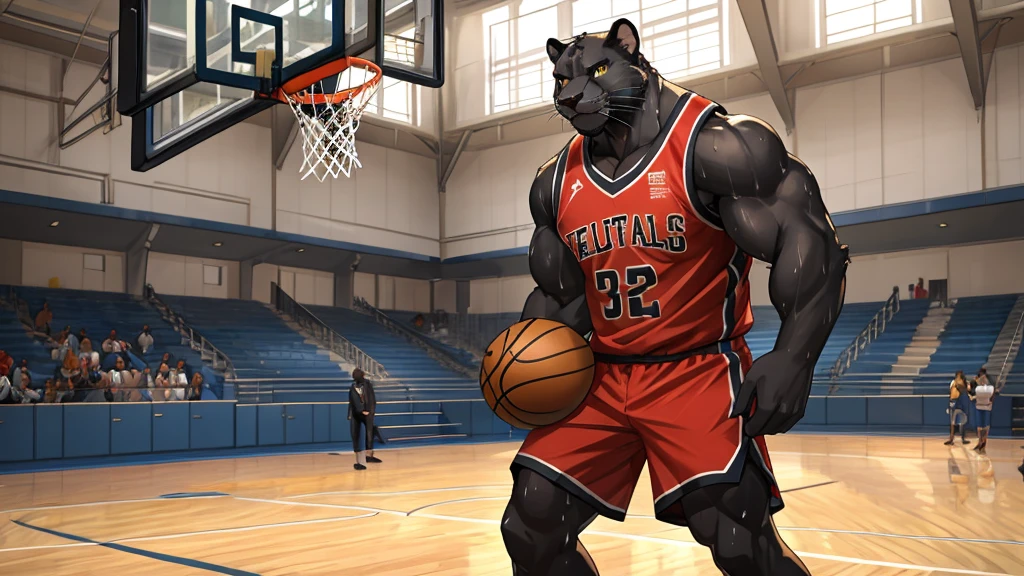 Furry,black fur panther,yellow eyes(Realistic eye detail),Have muscles(Perfect muscle details),perfect anatomy,Handsome and seductive face,Wear basketball uniform,playing basketball on the court,Sweat stains all over the body,HDR,8K, school, gymnasium, student