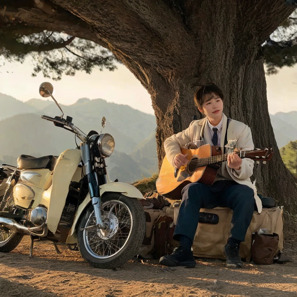 A man in a white coat and a stethoscope plays a guitar on a mountain. He has a backpack and a motorcycle next to him.
