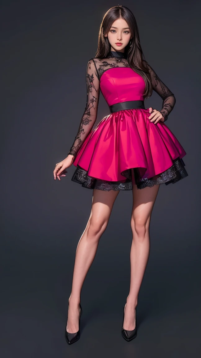 ((masterpiece)),(((Highest quality))),((Character design sheet)),Thin thighs,Long legs,Highest quality,masterpiece,Ultra-high resolution,(Actual:1.4),Original photo,Ultra-high resolution,8k,There are women,Fair skin,Big wave diamond purple and cool black collaboration dress:1.5,High heels,Long legs:1.5,Bright and beautiful,high waist,Flashy makeup using red eyeshadow,