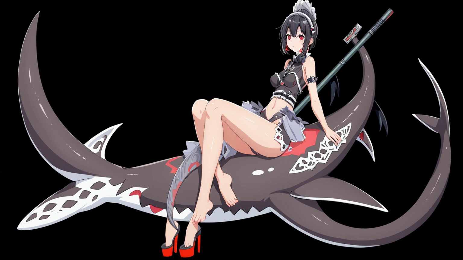 girl, with black shark tail, short black hair with red highlights underneath, crimson eyes and totally naked, with big but normal tits, very similar to ellen joe from zenless zone zero, which is in position to have sex with you, open her legs with one of her hands squeezing her spongy thighs, She lies on a bed and looks at you blushing, revealing her wet vagina., while sucking a toy penis with her mouth