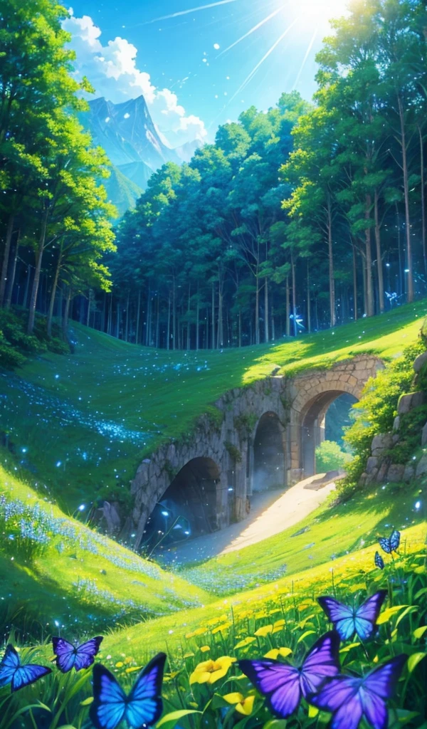 anime inspired greenery alps with bright blue sky and bright sun (glowing fireflies and butterfiles )(greenery view)(bright blue shinning sky)(night view)(borkeh effect)(far view)