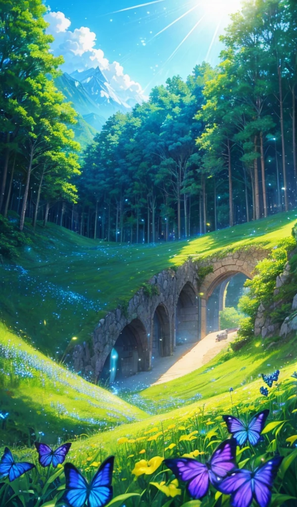 anime inspired greenery alps with bright blue sky and bright sun (glowing fireflies and butterfiles )(greenery view)(bright blue shinning sky)(night view)(borkeh effect)(far view)