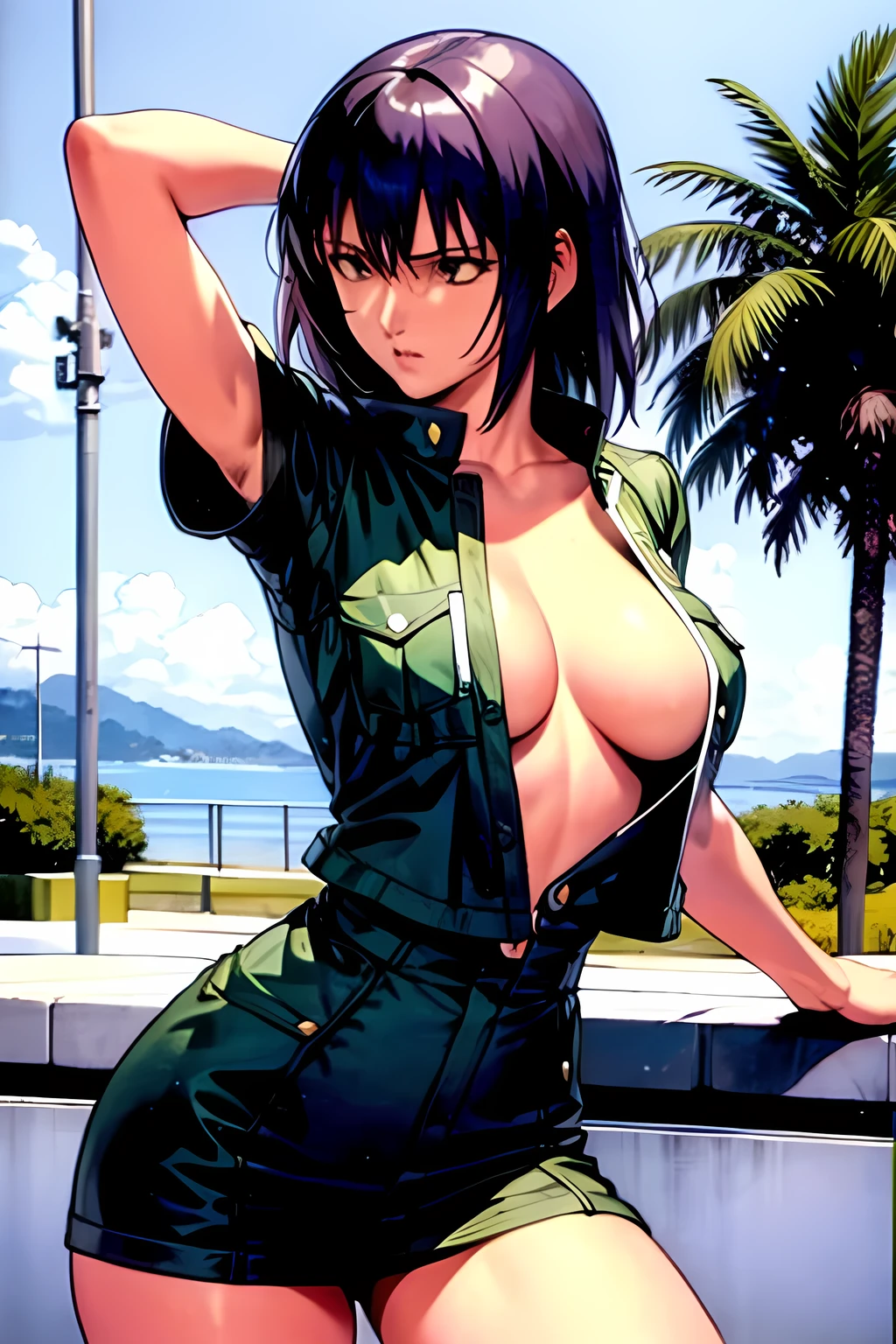 masterpiece, best quality, anime 1990s \(style\, leona heidern, no bra, fully open vest, short.