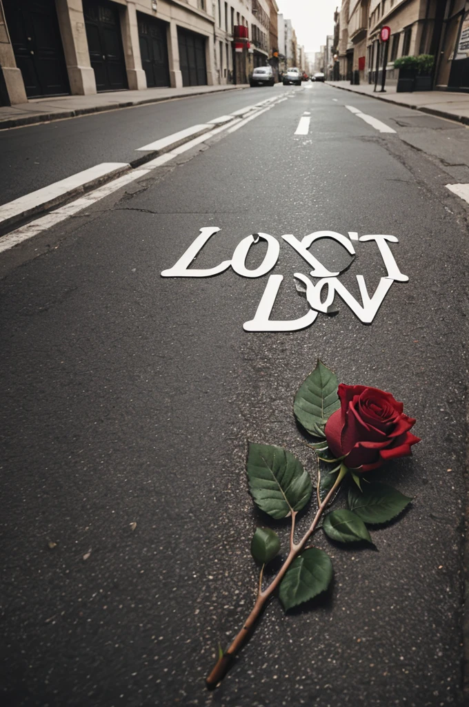 A red rose on the street with text I love you baby