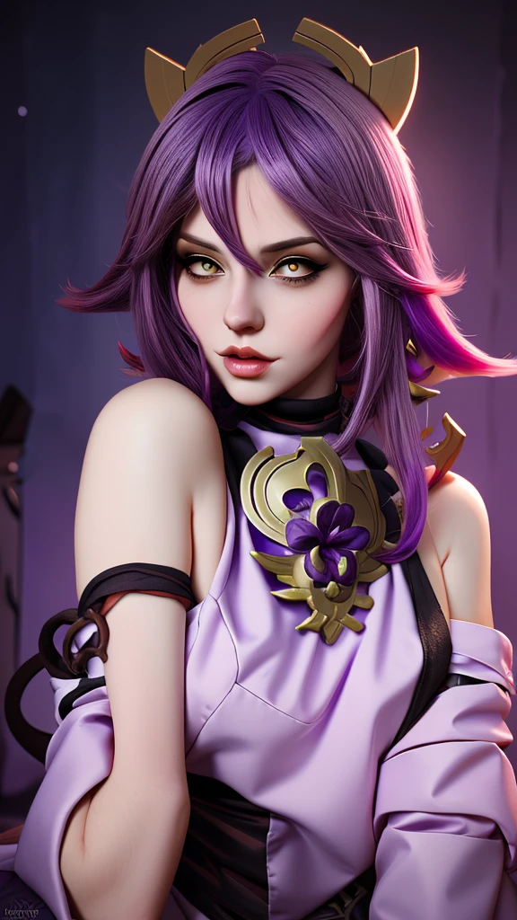 woman with purple hair and a cat ear, a character portrait inspired by WLOP, trending on Artstation, fantasy art, extremely detailed artgerm, samira from league of legends, league of legends character, attractive cat girl