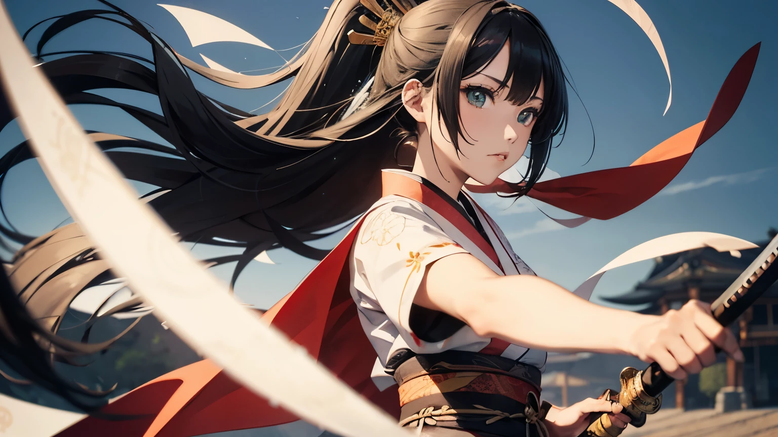 beautiful long-haired girl, with Japan-style weapons, 1girl in, Komono, Sword, arma, Solo, green eyes, Kimono, katanas, in sheath, Black hair, Looking upwards, holding grip of the sword, weapon in sheath, Bangs, Ponytail, Long hair, with floral pattern, sash, Yin and Yang Diagram, Tai Chi diagram, Blurry background, BREAK, Calligraphy patterns, Artistic lettering, Beautiful script, penmanship, Visual poetry, cultural expression, Decorative writing