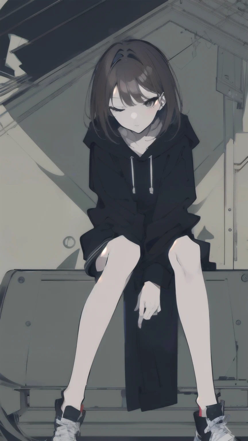 (expensive body, expensive, Long legs, mature female, mature, Adult:1.2), It is_hang on_nobara, 1 Girl, Kugisaki Nobara, alone, Brown Hair, Brown eyes, short hair, , Portraiture, Mouth closed, bangs, Looking at the audience,Wearing a black hoodie,Sit on the stairs,Cheek resting on hand,(Line art:1.8),