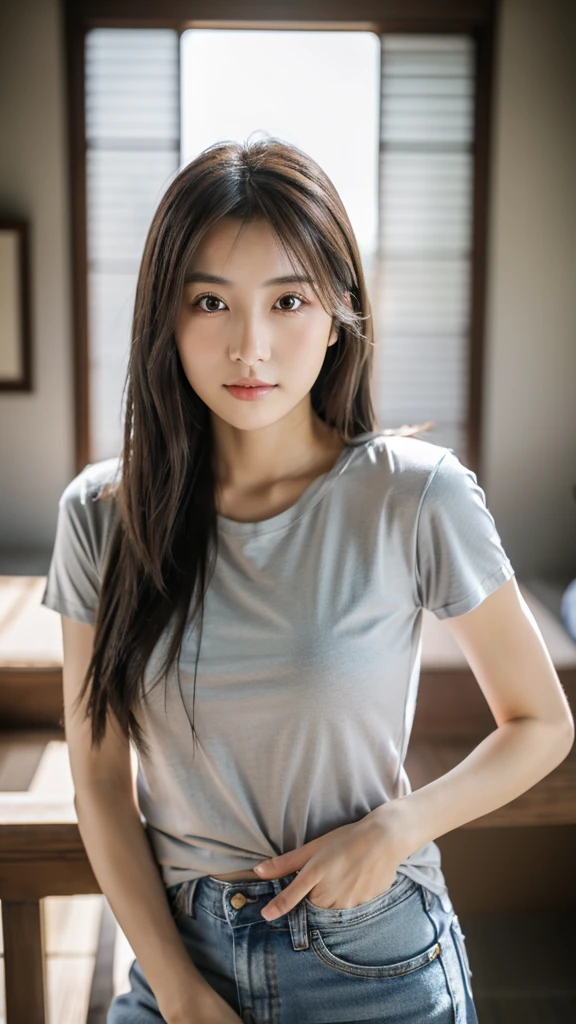 Japan Girl,beautiful girlfriend,a beauty,Raw foto,8K,morning sun lighting,Gray T-shirt and jeans miniskirt,Smooth long hair,A dark-haired,A detailed face,Detailed skin,Detailed eyes,(Slim body:1.3), girl in,About 23 years old,