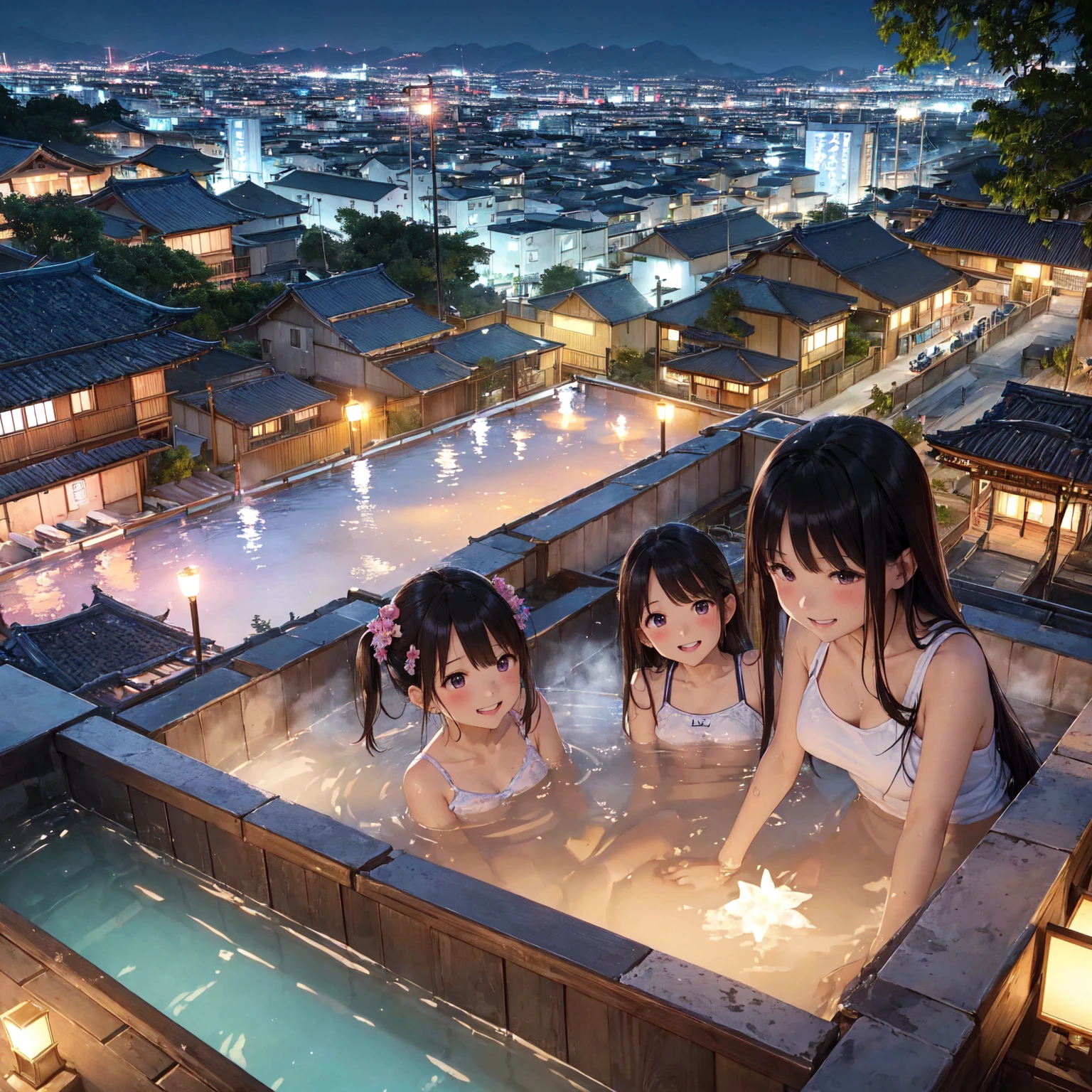 (masterpiece、Highest quality)、(Japan favelas、Old and dirty hot spring town)、((Beautiful night view))、((Underground hot spring facilities、Unhygienic and lifeless:1.4、石のstage))、((tits、Pussy、Junior high school girl、Three or more pretty naked girls、smile、fun))、((Unsanitary and dim))、Shady Red Light District、shaved ice、Sale of drinks、(stage、Everyone is having fun bathing)、smile、Happy schoolchildren、Perfect Anatomy