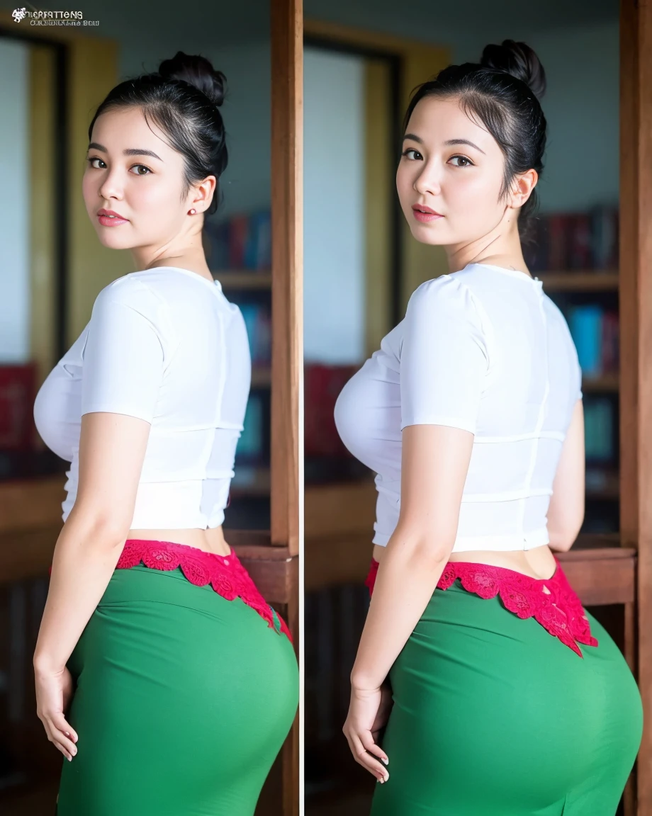 a burmese girl,Highly detailed CG Unity 8k wallpaper, top quality, super detailed, masterpiece, realistic, photorealistic, highly detailed cute girl, 25 years old, library detailed,sweaty skin, blush, parted lips, round eyes, medium breasts, bun_head , ((erect, emerge, streak)), waist shot, ((wide hips, thick thigh, protruding ass,))perfect hourglass figure detailed, naughty face detailed, seductive,widest hips,tight skirt wrapped around her hips,myanmar acmm outfit