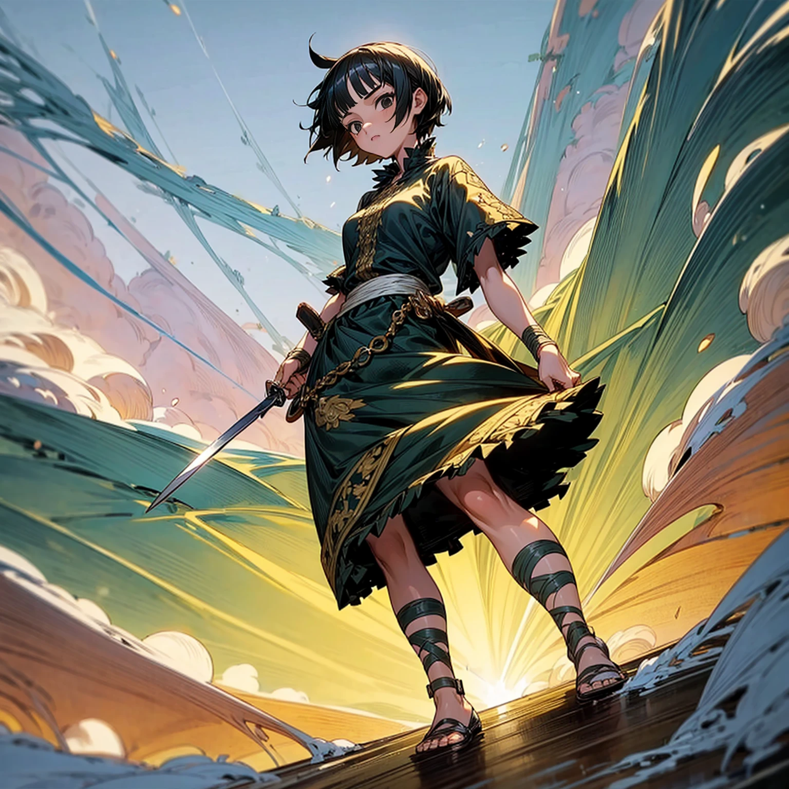 1girl, Full body version, 1character, girl version, black eyes color, short haircut, black colour hair, Ancient Roman style clothing, long skirt, Grassroots, background in snow town, motion blur, (one piece style art), snow, knife in hand, high angle view