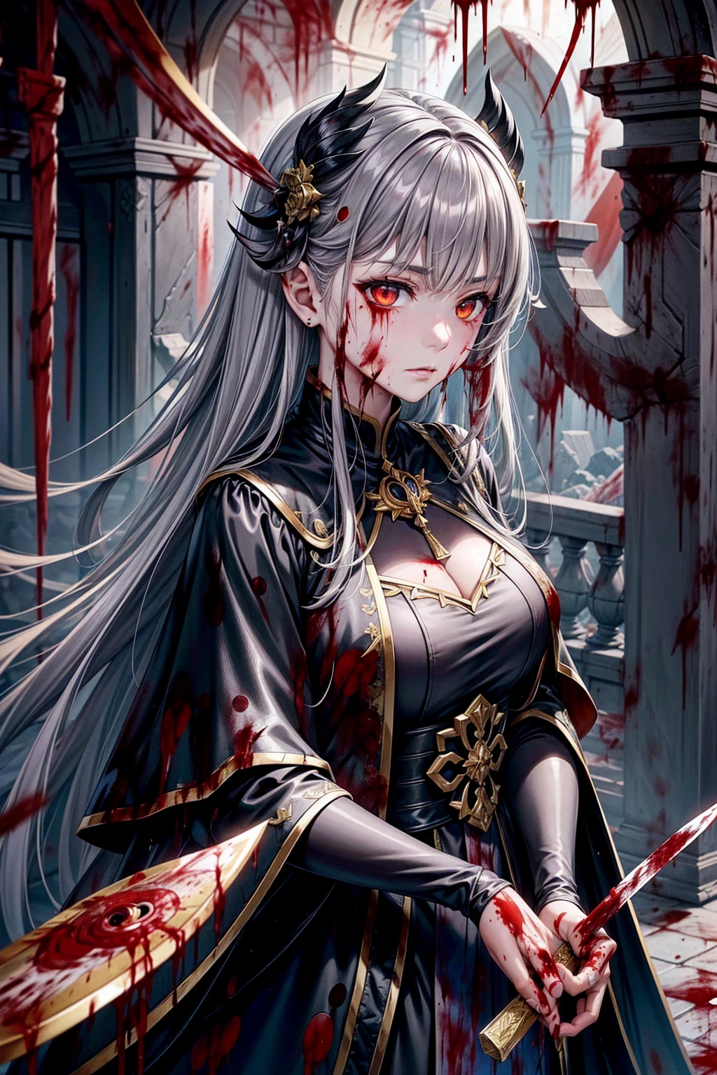 girl,黑色Face masks,Looking into the distance from the castle,alone,masterpiece,Highest quality,Gray Hair,Golden Eyes,Darkening,dark,Shadow Thing,douchebag,sneer,Looking down,Black Shadow,Black viscous liquid,dark,Black belly,Stable,Face masks,Cape,girl,masterpiece, Highest quality, Highest quality,wonderful,Beautiful red eyes,Exquisite detail,Depth of written boundary,Highly detailed CG synthesis 8k wallpaper, masterpiece,(((dark Gray Hair))),leader,(dark mist),{Flowing Hair},{Thick skull},(Beautiful details of the ruins),{Character close-up},(((whole body))),(The skin is smooth and shiny),(Smooth face、Shiny Hair),Perfect detail,Beautifully decorated medal, Holding a knife, (Blood splatter:1.7)