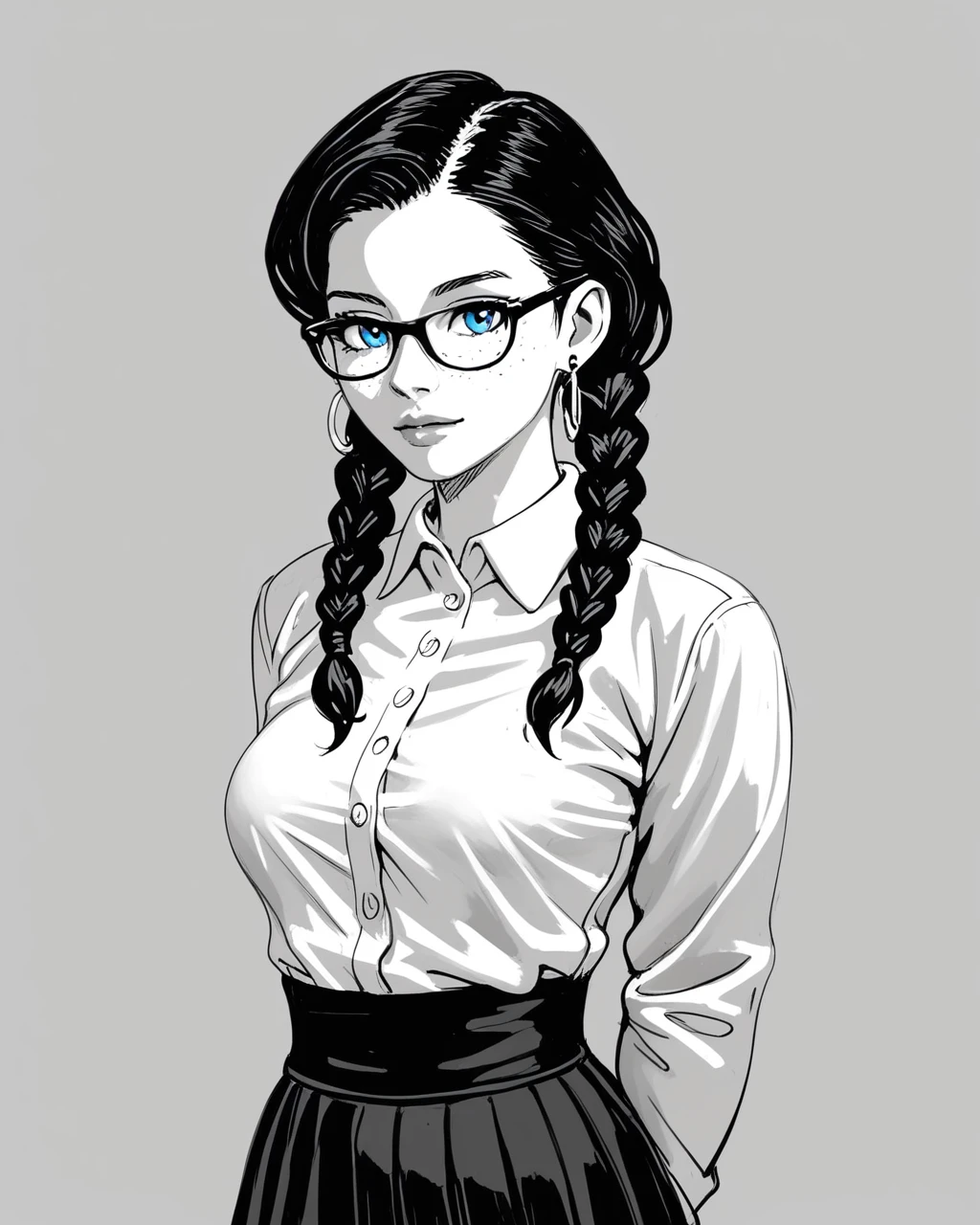 masterpiece,best quality,4K,8K,teenage,monochrome, hatching shading texture, sp1t, \(medium\),fkey70, 1girl,solo,arm behind back,arms at sides,looking at viewer, standing,dark hair, braids,earrings,blue eyes,glasses, collared shirt,long sleeves,black skirt, simple background, upper body,