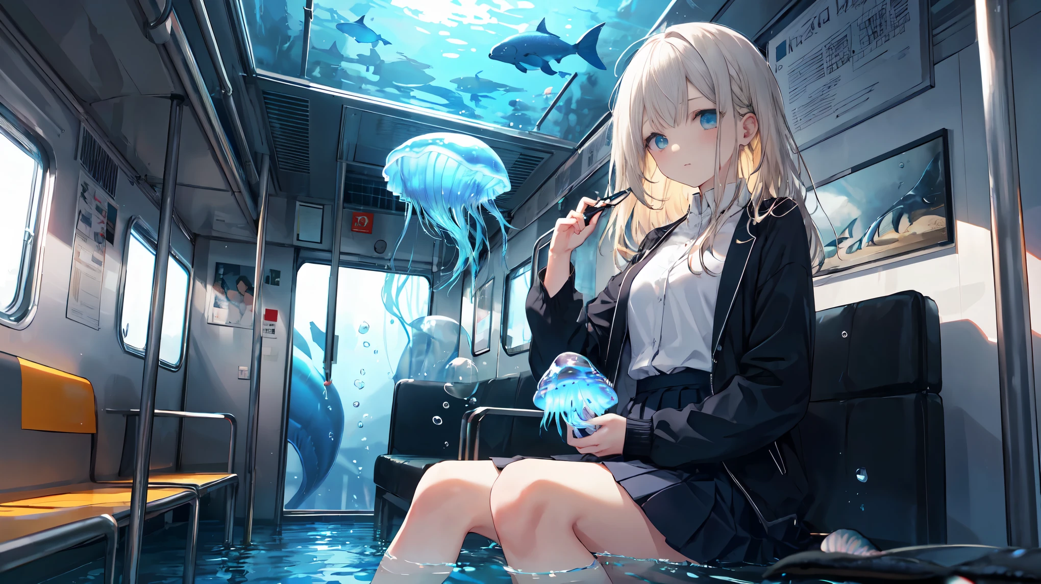 (masterpiece:1.3),(Highest quality:1.2),8K,Confused,ユニティ 8K 壁紙,(Very detailed:1.3),the best,High resolution,wonderful,shape,Beautiful studio soft light,Amazingly beautiful,incredibly Confused,Sharp details,Cinema Lighting,Moody lighting,Pixiv,Award-winning, Professional, Very detailed,Face with perfect detail,14 years old、
transportation facilities_Against_window, 1 Girl, alone, Colorful long blonde hair, skirt, Long sleeve, Sitting, , Gray Hair, pleated skirt, shoes, Seraphim, fish, bubble, Blue Theme, (In the water:1.2), (air bubble:1.3), Inside the train, (Surreal:1.2), (jellyfish:1.2), (whale:1.1),(fish:1.2),Blurred foreground,