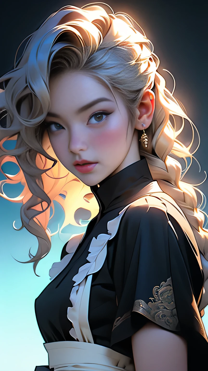 (Surreal), (picture), (High resolution), (In 8K), (Very detailed), (Best Illustration Photos), (Beautiful and fine details), (Highest quality), (Ultra-detailed), (masterpiece), (wallpaper), (Detailed face), solo, One Girl, White Wavy Hair, Korean Beauty,Black Eyes, (A loose-fitting blue and yellow checked maid outfit), Long legs, Toned Abs, stockings、((Curly hair in braids、good1))、