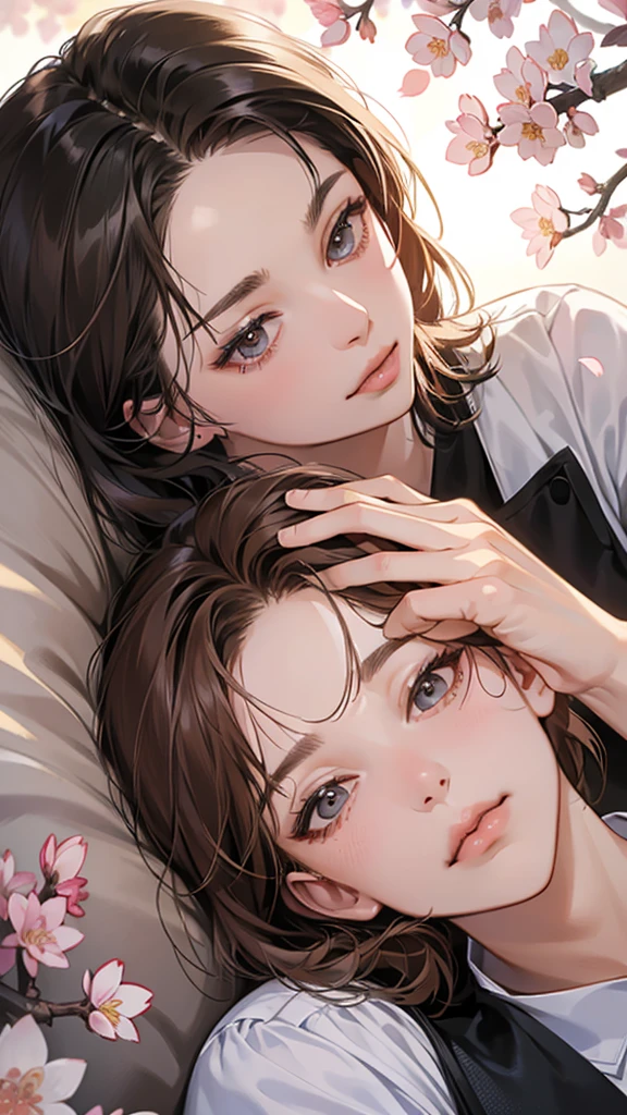 (masutepiece, Digital Art, Digital Illustration, 4K, 8K, Ultra-detailed, beautiful image, Sharp Image, Photorealistic, Raw photo, Perfect face, Perfect lines, Perfect eyes, Soft lighting) , a couple, 1 girl 1 boy, Hair color is different, Medium brown hair and brown eyes, Short black hair and gray eyes, Romance, Lie on the ground, See the cherry blossoms、the kiss、Kissing、couple kissing、a couple、Lip touch