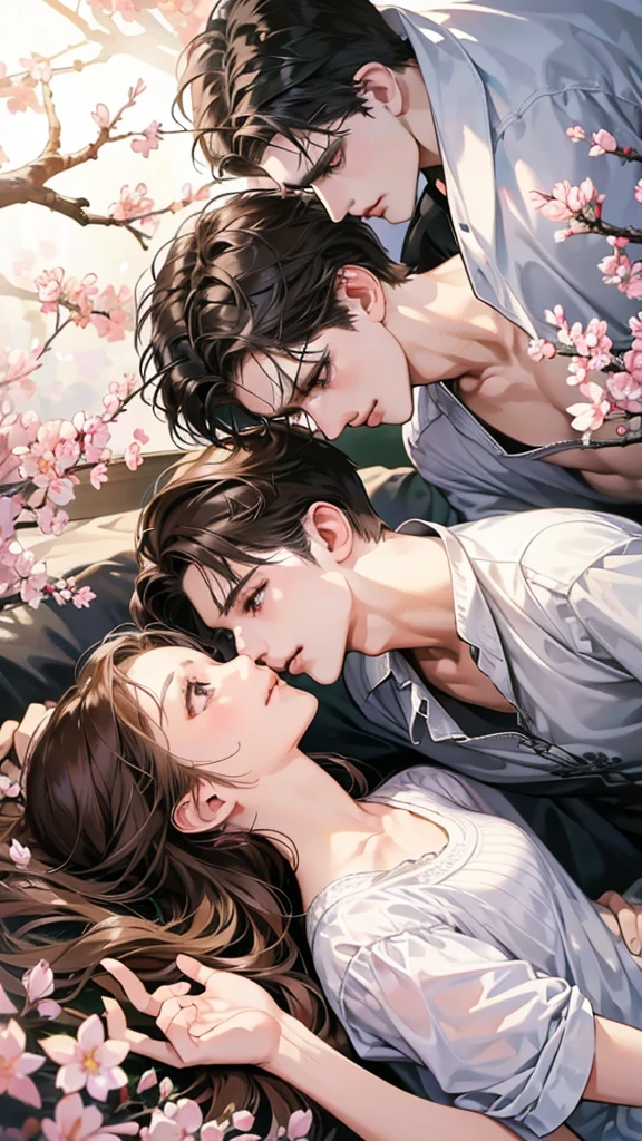(masutepiece, Digital Art, Digital Illustration, 4K, 8K, Ultra-detailed, beautiful image, Sharp Image, Photorealistic, Raw photo, Perfect face, Perfect lines, Perfect eyes, Soft lighting) , a couple, 1 girl 1 boy, Hair color is different, Medium brown hair and brown eyes, Short black hair and gray eyes, Romance, Lie on the ground, See the cherry blossoms、the kiss、Kissing、couple kissing、a couple、Lip touch