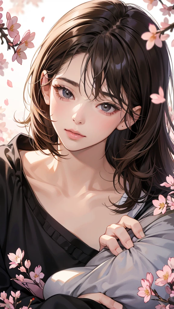 (masutepiece, Digital Art, Digital Illustration, 4K, 8K, Ultra-detailed, beautiful image, Sharp Image, Photorealistic, Raw photo, Perfect face, Perfect lines, Perfect eyes, Soft lighting) , a couple, 1 girl 1 boy, Hair color is different, Medium brown hair and brown eyes, Short black hair and gray eyes, Romance, Lie on the ground, See the cherry blossoms、the kiss、Kissing、couple kissing、a couple、Lip touch