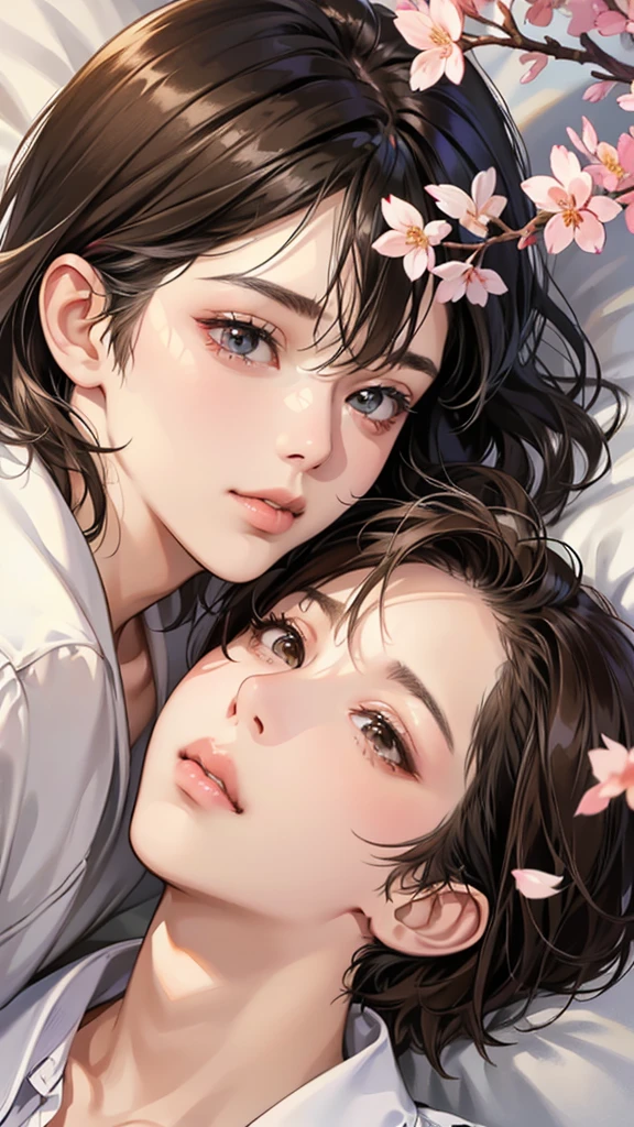 (masutepiece, Digital Art, Digital Illustration, 4K, 8K, Ultra-detailed, beautiful image, Sharp Image, Photorealistic, Raw photo, Perfect face, Perfect lines, Perfect eyes, Soft lighting) , a couple, 1 girl 1 boy, Hair color is different, Medium brown hair and brown eyes, Short black hair and gray eyes, Romance, Lie on the ground, See the cherry blossoms、the kiss、Kissing、couple kissing、a couple、Lip touch