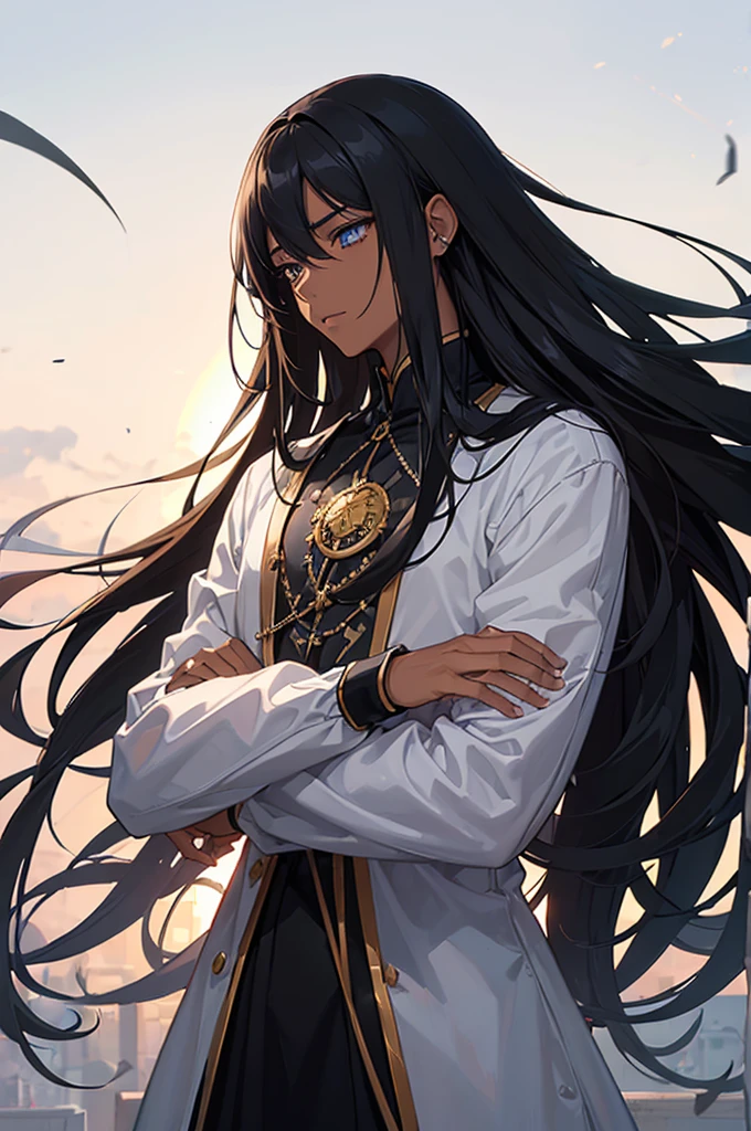 ((best qualityer)), ((work of art)), (detailded), 1 men, Youngh, long hair, clear eyes, darkskin, anime styling, dark hair, male character