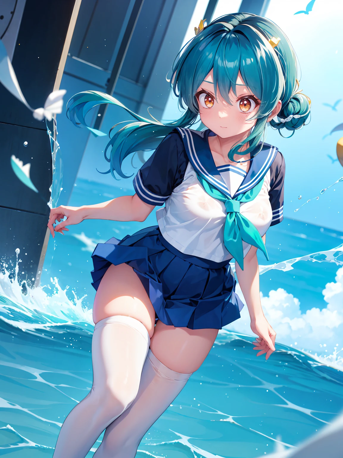 (1 Girl),(high quality), (High resolution), (Very detailed), (8K),(Demolition paperback correct)、Urusei Yatsura、Ram-chan、((White and navy blue sailor suit))、Navy blue pleated skirt、Cute Panties、((Focus on the whole body))、Nipple Shape、((Black knee-high stockings))、Hair messed up by the strong wind、Neutral White Lighting,Sexy pose、