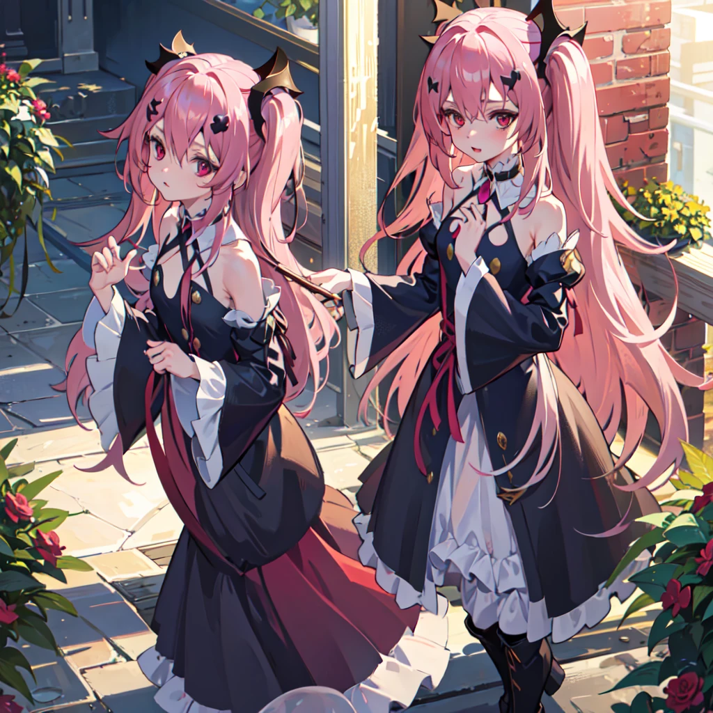 best quality, masterpiece, highres, extremely detailed 8K wallpaper, original, detailed fingers, detailed hands, detailed eyes,
garden, multicolored flowers around, 1girl, blush, pout, looking at viewer, standing, dynamic pose,
krul tepes, red eyes, flat chest, long hair, pink hair, two side up, hair ornament, boots, black dress, bare shoulders, wide sleeves, ribbon,
