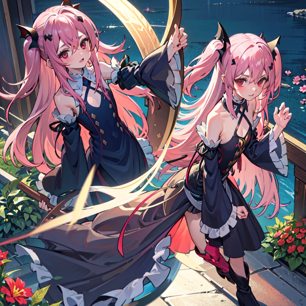 best quality, masterpiece, highres, extremely detailed 8K wallpaper, original, detailed fingers, detailed hands, detailed eyes,
garden, multicolored flowers around, 1girl, blush, pout, looking at viewer, standing, dynamic pose,
krul tepes, red eyes, flat chest, long hair, pink hair, two side up, hair ornament, boots, black dress, bare shoulders, wide sleeves, ribbon,
