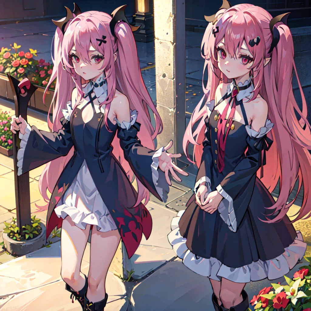 best quality, masterpiece, highres, extremely detailed 8K wallpaper, original, detailed fingers, detailed hands, detailed eyes,
garden, multicolored flowers around, 1girl, blush, pout, looking at viewer, standing, dynamic pose,
krul tepes, red eyes, flat chest, long hair, pink hair, two side up, hair ornament, boots, black dress, bare shoulders, wide sleeves, ribbon,
