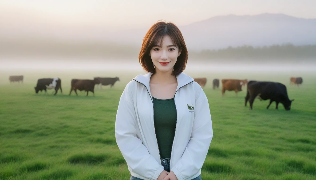 beautiful scenery, 8K Top Quality, Vivid picture quality, 1 woman, Beautiful 36-year-old Korean woman, Chest size 34 inches, Model-level beautiful woman, Smile. Napa Valley, California, USA, dawn, green meadow in the fog far away, Cows graze on a pasture in thick fog. The background is realistic and vivid quality.., short medium bob hair, White t-shirt that goes up to the neck , High-end luxury brand windbreaker jacket, casual pants, Perfect and realistic photos, The background is realistic.. Full body shot with Canon camera 16-35 wide angle lens