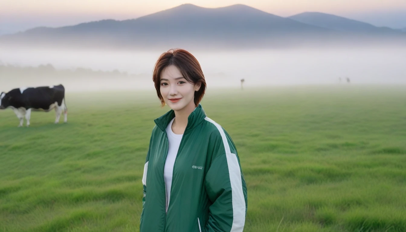 beautiful scenery, 8K Top Quality, Vivid picture quality, 1 woman, Beautiful 36-year-old Korean woman, Chest size 34 inches, Model-level beautiful woman, Smile. Napa Valley, California, USA, dawn, green meadow in the fog far away, Cows graze on a pasture in thick fog. The background is realistic and vivid quality.., short medium bob hair, White t-shirt that goes up to the neck , High-end luxury brand windbreaker jacket, casual pants, Perfect and realistic photos, The background is realistic.. Full body shot with Canon camera 16-35 wide angle lens