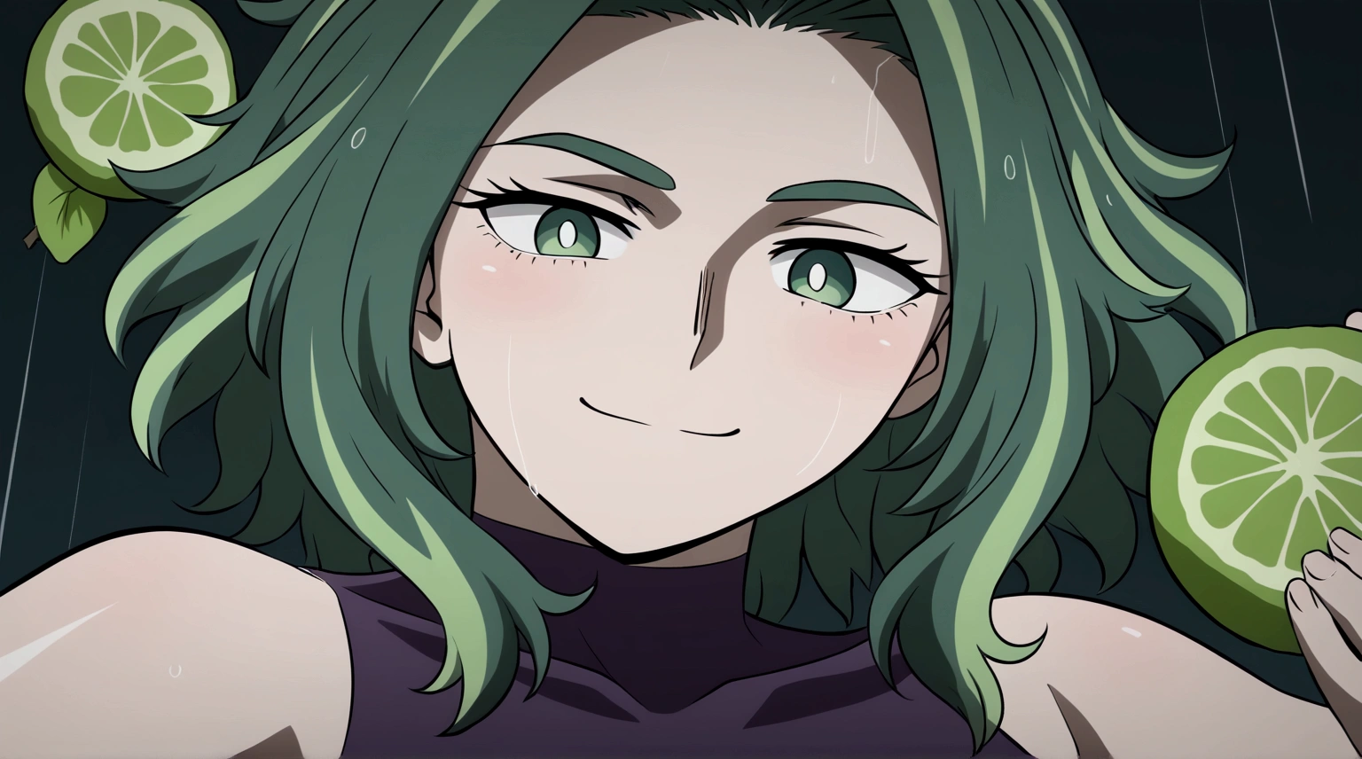 MHA&#39;s Lady Nagant is a strong woman with an anime style characteristic of the series. She has vivid green hair, with lime green parts, and a messy, unusual hairstyle. Your eyebrows are short, and her cute look is accentuated by lemon-colored eyes. Her hair is a mix of dark and light strands., creating a unique and attractive visual effect. Lady Nagant wears a neon green heroic costume, and her appearance is complemented by a charming smile and soft lips. The lighting around you highlights the beauty of your voluminous hair and the sophistication of your black outfit., creating a stunning and memorable image.