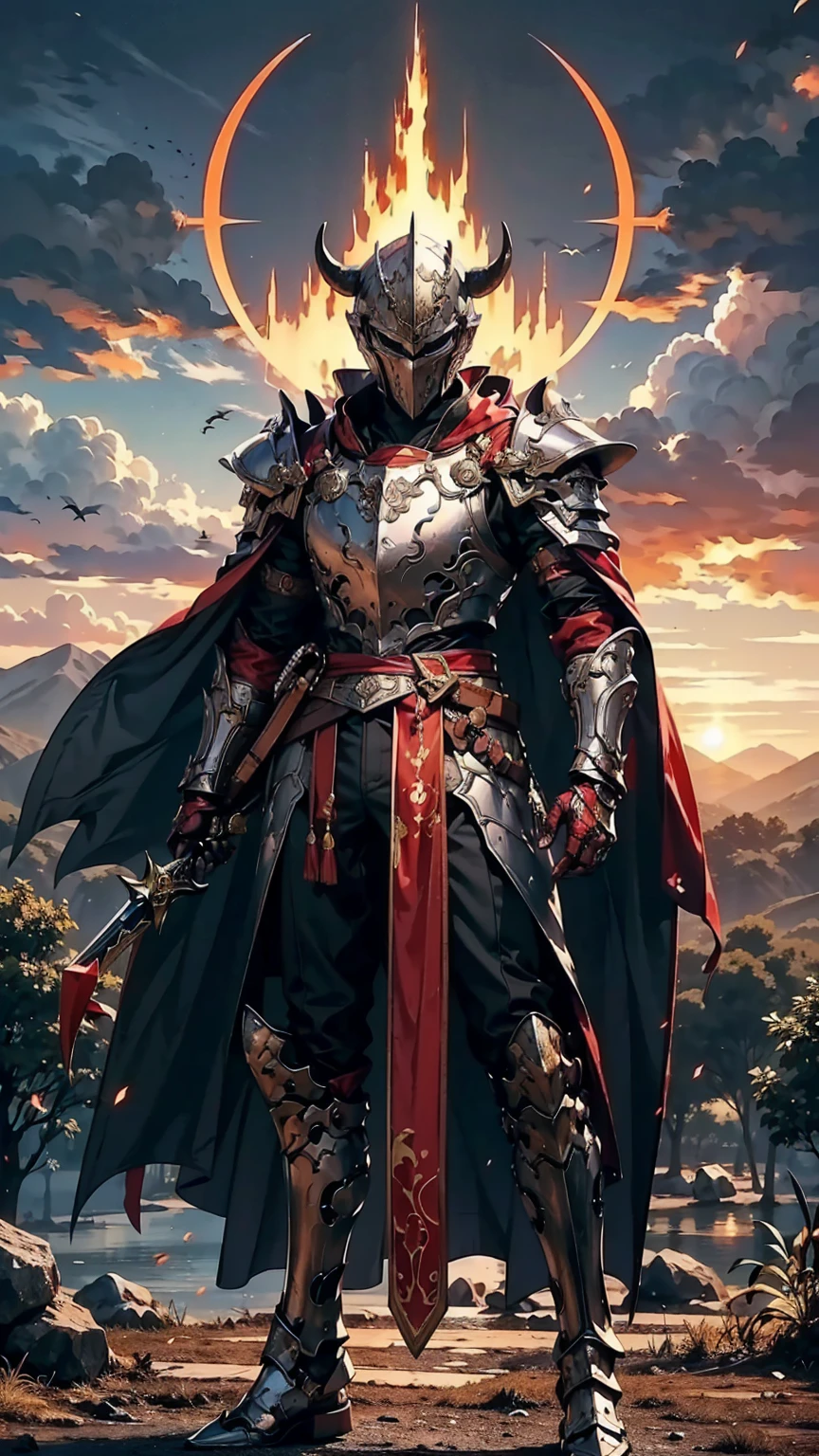 8K quality,(super masterpiece:1.3),Highest quality,Detailed Images,1 person,knight,pocket(Two cow horns,Red Tosaka),(Silver Full Armor,Blue decorated armor),(Wear a red cloak,Red Cape),(1 red sword,Hold the hilt of the sword with your left hand),(background:Burning image,sunset,幻想的なsunset,The End,The end of the world,grassland,Takayama,Halo effects),(Whole body image,Standing with your legs apart),(Face directly towards the camera,Looking directly at the viewer,looking at the camera,The body faces the viewer,The body is facing the direction of the camera,Face looking straight into the camera).