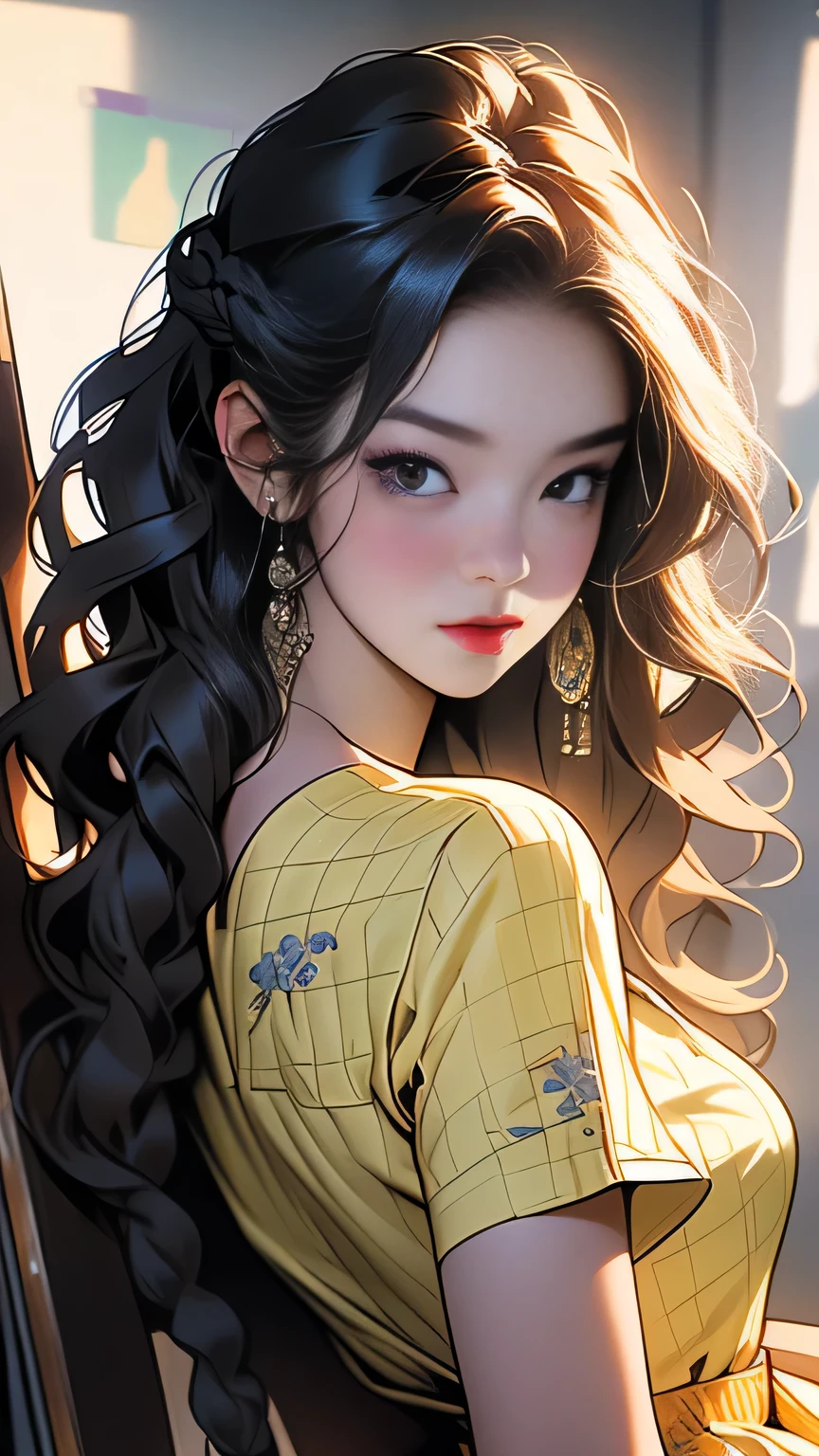 (Surreal), (picture), (High resolution), (In 8K), (Very detailed), (Best Illustration Photos), (Beautiful and fine details), (Highest quality), (Ultra-detailed), (masterpiece), (wallpaper), (Detailed face), solo, One Girl, White Wavy Hair, Korean Beauty,Black Eyes, (A loose-fitting blue and yellow checked maid outfit), Long legs, Toned Abs, stockings、((Curly hair in braids、good１))、