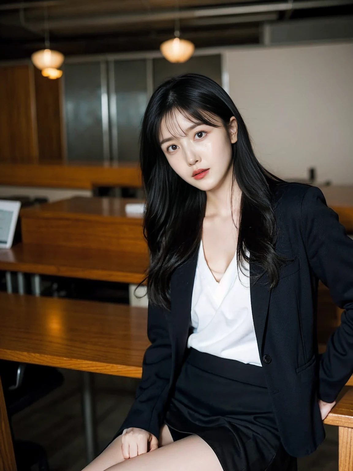 illustration:A girl,25 years old,Wear a white shirt,Black jacket,Skirt skirt that wraps hips,Black hair、Shy girl,Look at the camera,Big breasts,Background is a personal office,Become a,See the whole body