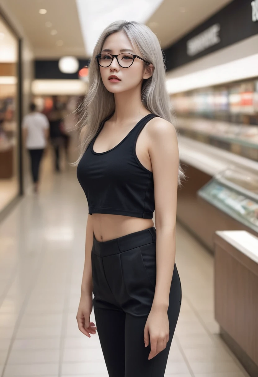 Masterpiece, best quality, aesthetic sense, high resolution, beautiful woman drawn in the best quality and detail, shopping mall, smoking area, cigarette, tank top, black tight pants, long silver hair, red eyes, woman with glasses