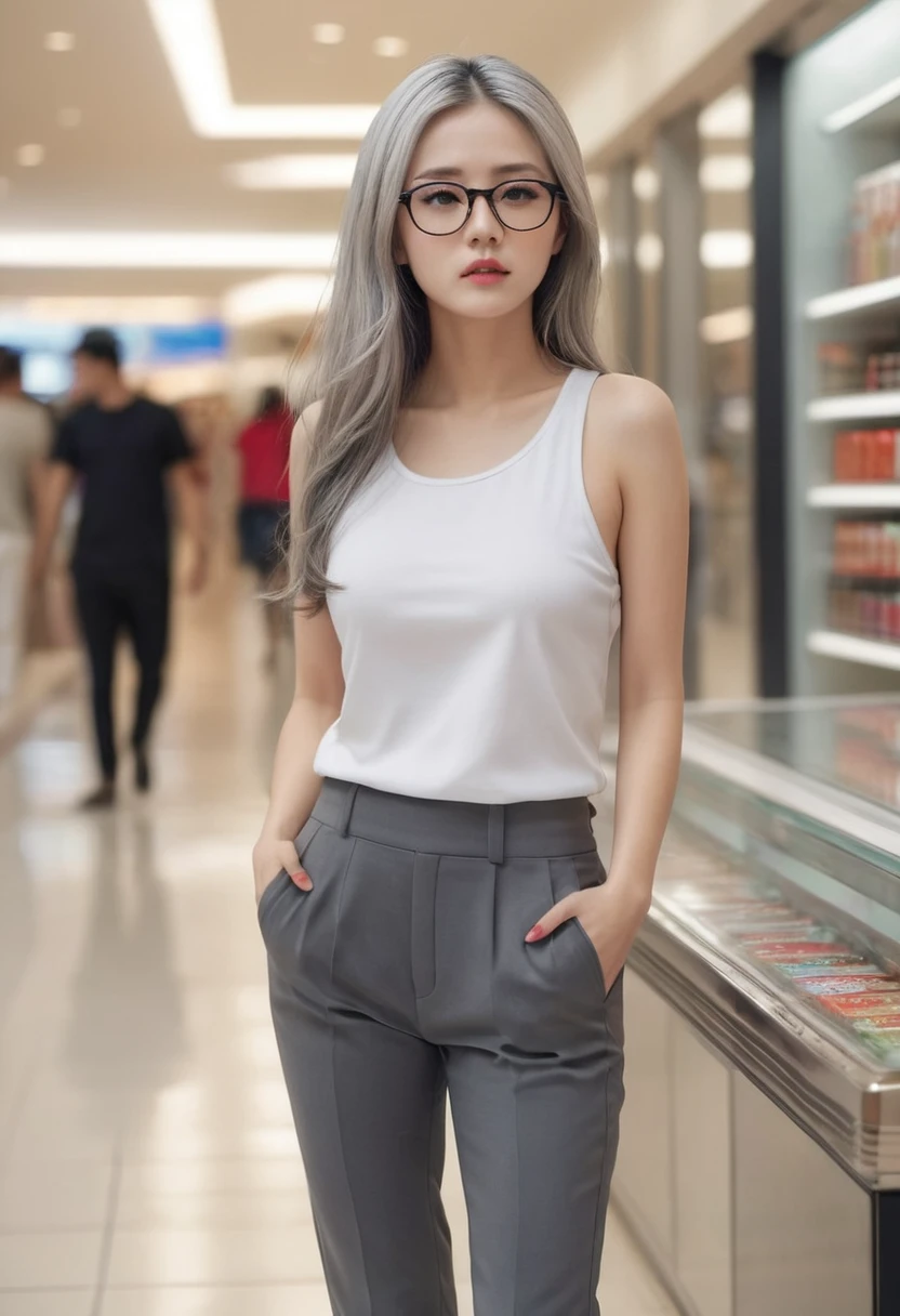 Masterpiece, best quality, aesthetic sense, high resolution, beautiful woman drawn in the best quality and detail, shopping mall, smoking area, cigarette, tank top, black tight pants, long silver hair, red eyes, woman with glasses