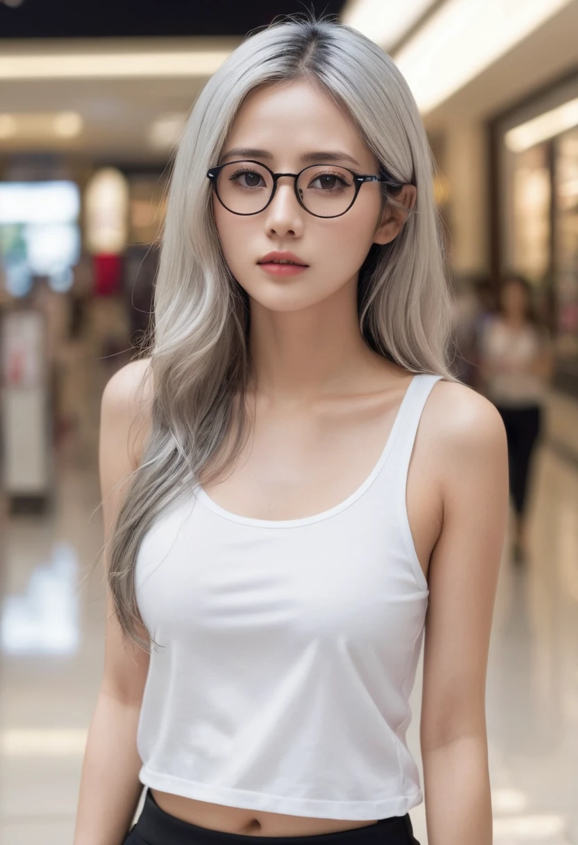 Masterpiece, best quality, aesthetic sense, high resolution, beautiful woman drawn in the best quality and detail, shopping mall, smoking area, cigarette, tank top, black tight pants, long silver hair, red eyes, woman with glasses