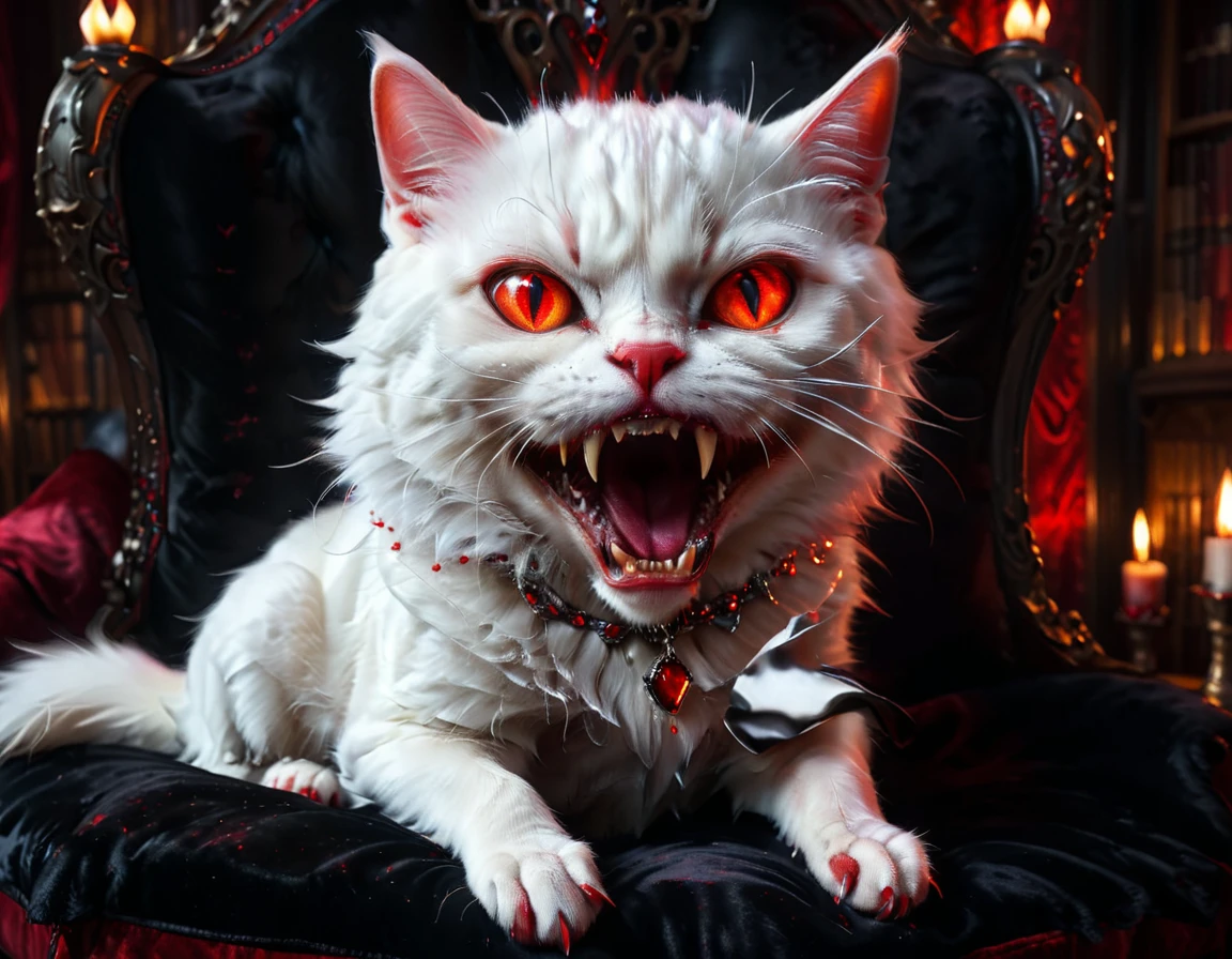 a portrait of vampiric cat, close up portrait of white cat with white fur, shiny fur, red glowing eyes, vampiric feline fangs, blood dripping from fangs, he has a red diamond collar, he sits on  a black velvet pillow, intricate detailed pillow, (full body shot: 1.3), dark fantasy library in the background, Ultra-high resolution, High Contrast, (masterpiece:1.5), (anatomically correct: 1.4), highest quality, Best aesthetics), best details, best quality, highres, ultra wide angle, 16k, [ultra detailed], masterpiece, best quality, (extremely detailed), Amber cat eyes, vampire teeth, 