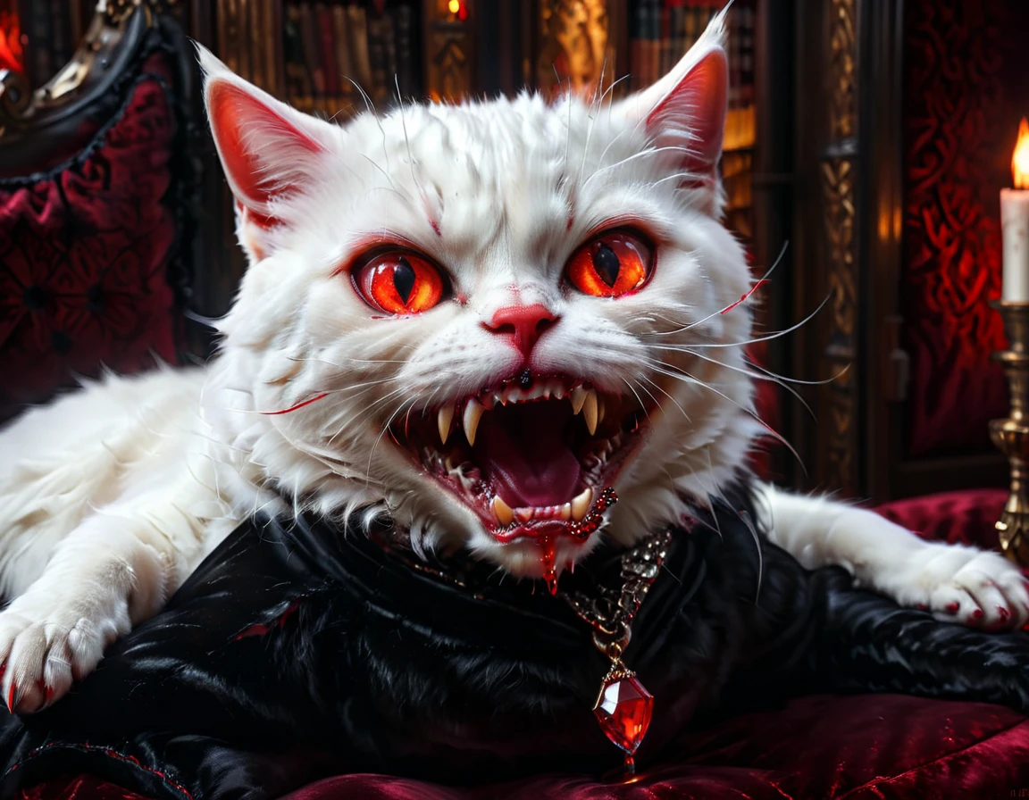 a portrait of vampiric cat, close up portrait of white cat with white fur, shiny fur, red glowing eyes, vampiric feline fangs, blood dripping from fangs, he has a red diamond collar, he sits on  a black velvet pillow, intricate detailed pillow, (full body shot: 1.3), dark fantasy library in the background, Ultra-high resolution, High Contrast, (masterpiece:1.5), (anatomically correct: 1.4), highest quality, Best aesthetics), best details, best quality, highres, ultra wide angle, 16k, [ultra detailed], masterpiece, best quality, (extremely detailed), Amber cat eyes, vampire teeth, 
