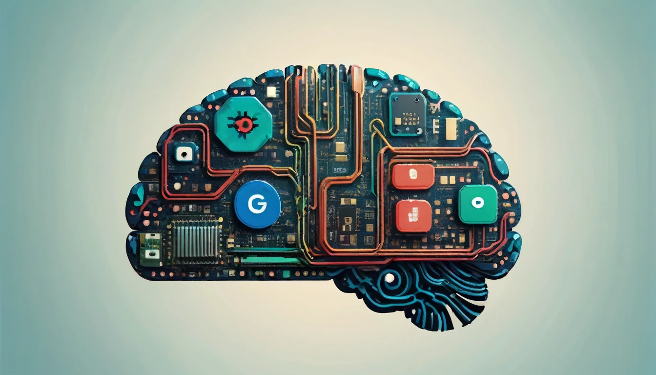 A stylized illustration of a brain made of circuit boards and AI symbols, with Go stones integrated into the design. Sleek, modern tech aesthetic with Google colors.