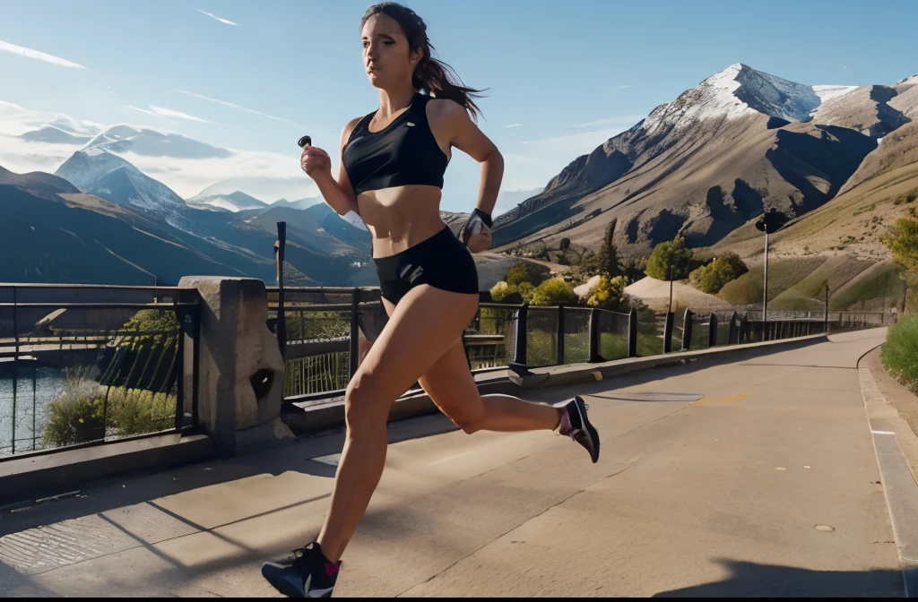 Girl athlete runs on a treadmill on the embankment. Around mountains and rocks