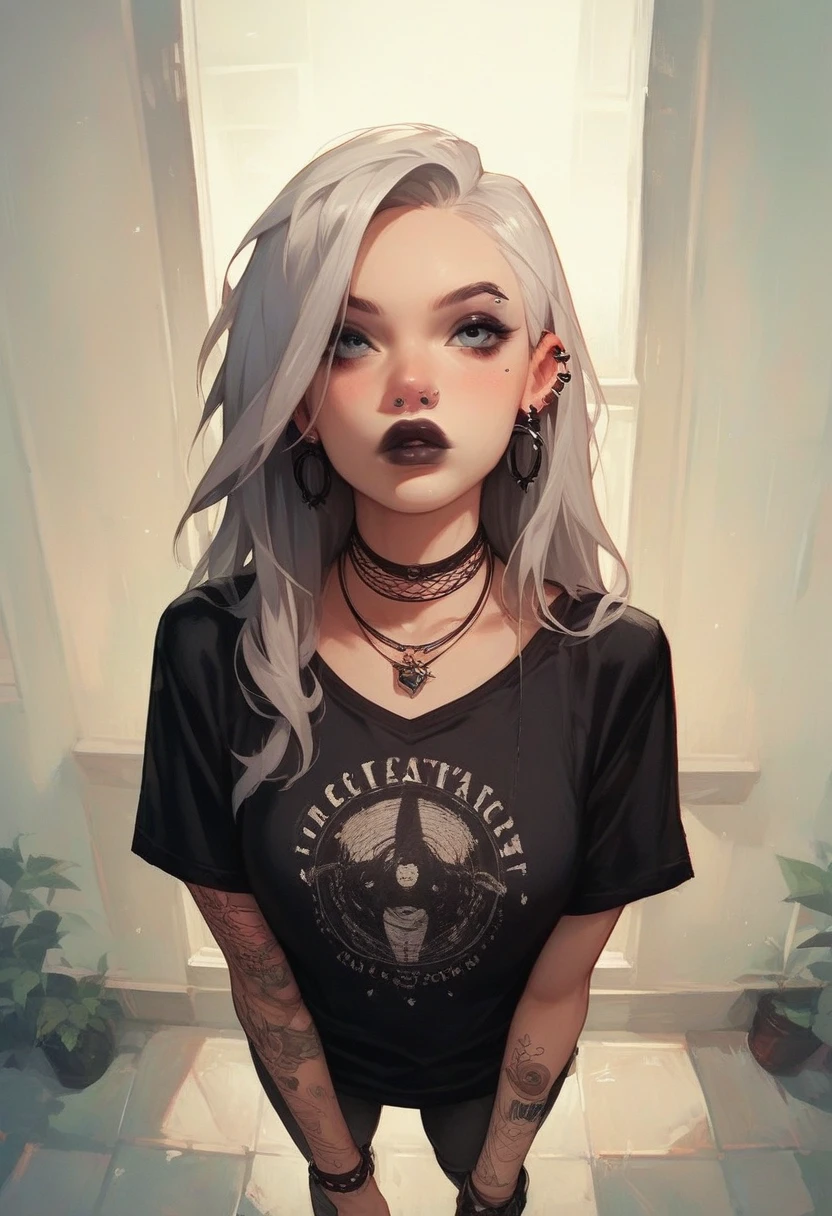 Fraction_9, Fraction_8_Direction_7_up,Goth girl, goth girl 1 Girl, 1 Girl,Solitary,Long hair,Looking at the audience,blue eyes,shirt,Jewelry,Shut up,White hair,Gray hair,earrings,Necklace,necklace,Lips,black shirt,from above,black Necklace,  