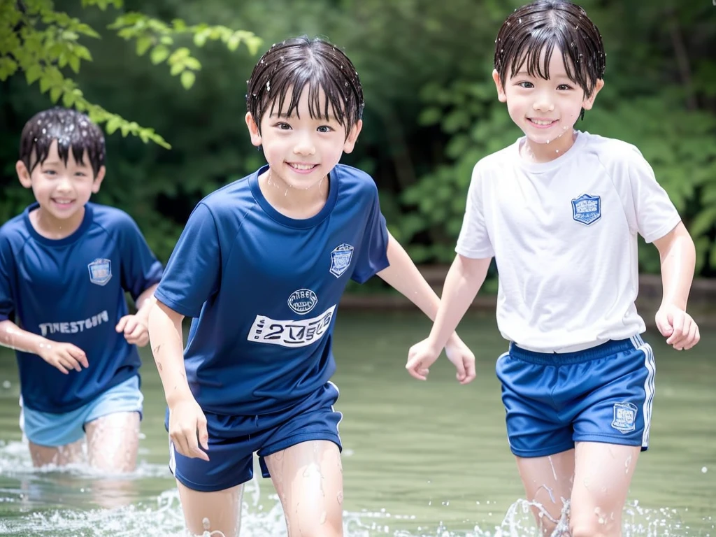 In the forest、Swimming in the river、Wet a lot、Cute 、10Year old boy、Boy in gym clothes、The bottom of the white T-shirt is blue、Blue shorts、The boys are playing、Get wet all over、Noisy boys、Splashing Water、Japanese、(Boy 1.4)