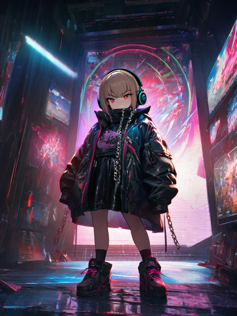 1 Girl, chromatic aberration, Written boundary depth, Soft Light, masterpiece, Highest quality, complicated, Tone Mapping, Very detailed, Art Station, Concept Art, Smooth, Clear focus, Dramatic lighting, Very detailed artwork, movie, super practical painting, Art Station's trending, 8K, Incredible Shadows, practical, (Very detailed background:1.0), whole body, View, Viewers, Very detailed portrait of one girl 1, standing on street corner, Heavy rain and lightning、Dark Sky, neon and cyber punk background, she is dressed in punk clothing with silver chains and silver spikes, Her hair was dyed light brown.......,The middle part is black, She is wearing headphones, Detailed red eyes with clear pupils, Ominous aura of light, Angry face, punk, Cyber Rock, Backlight.Fashionable clothes、No knowledge of horses'tail、Dress code: Stylish appearance,Her hair is tied up cutely with a ribbon.